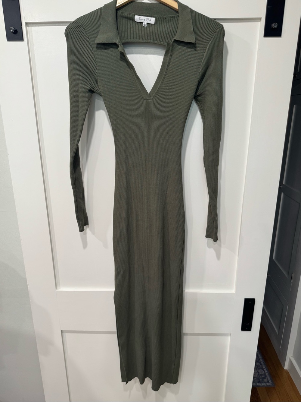 emory park Olive Ribbed Long Sleeve V-Neck Collared Dress